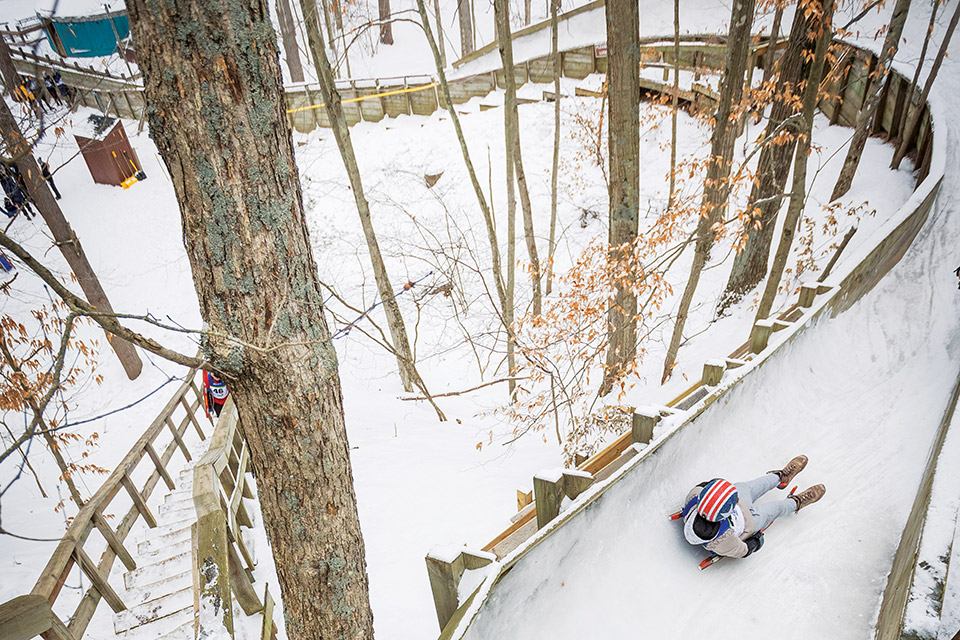 Person riding down luge at Muskegon Luge Adventure Sports Park in Muskegon, Michigan (photo by Adam Alexander Photography) Person riding down luge at Muskegon Luge Adventure Sports Park in Muskegon, Michigan (photo by Adam Alexander Photography)
